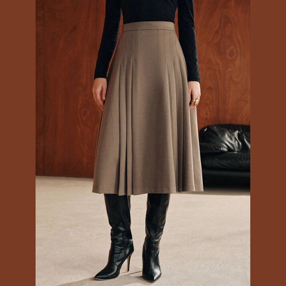 Taupe Pleated Woven High Waist A-Line Midi Skirt